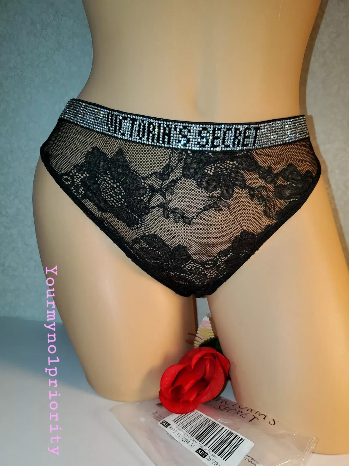 L Victorias Secret VERY SEXY Bombshell Crystal Front Thong Panty Lace High Leg