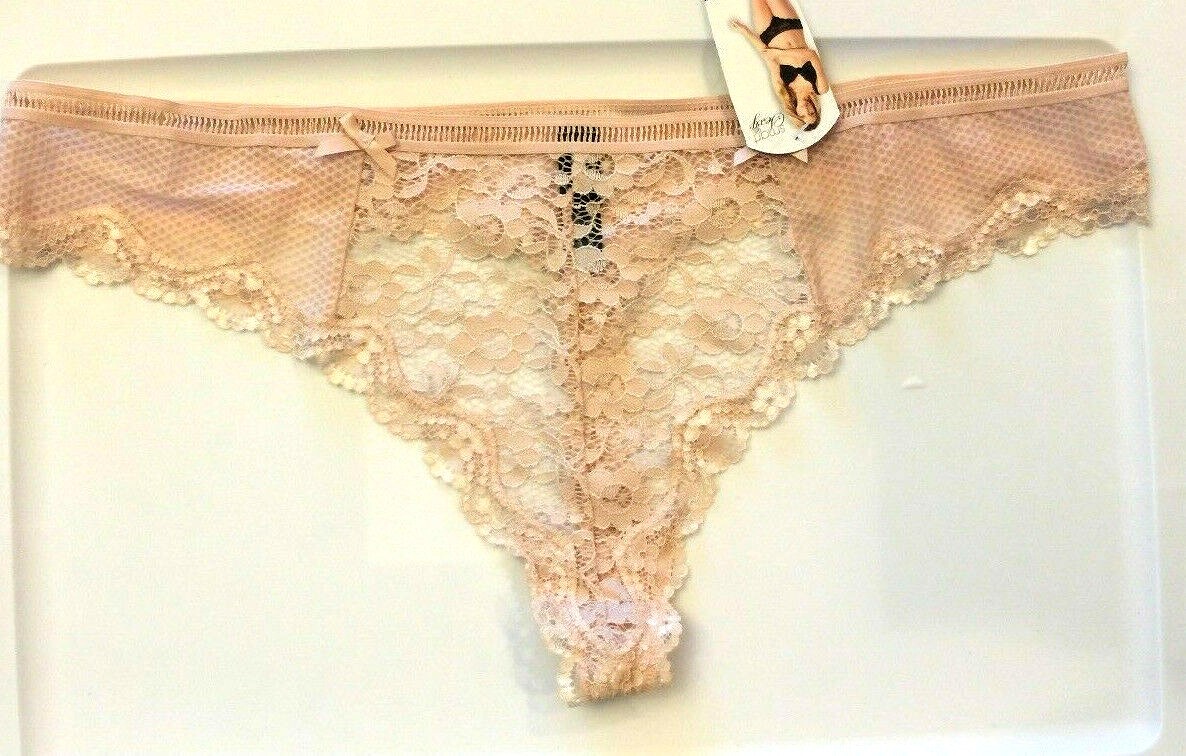 Sexy Beige Thong Panties Size 2X(9)-3X(10) Floral Lace Mesh Scalloped Lace Trim
