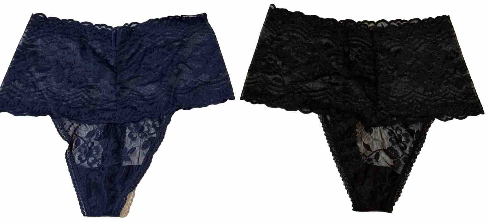 Sexy High Waist Sheer Lace Thong Set Of 2 Black & Blue Seductive Desires Sz S