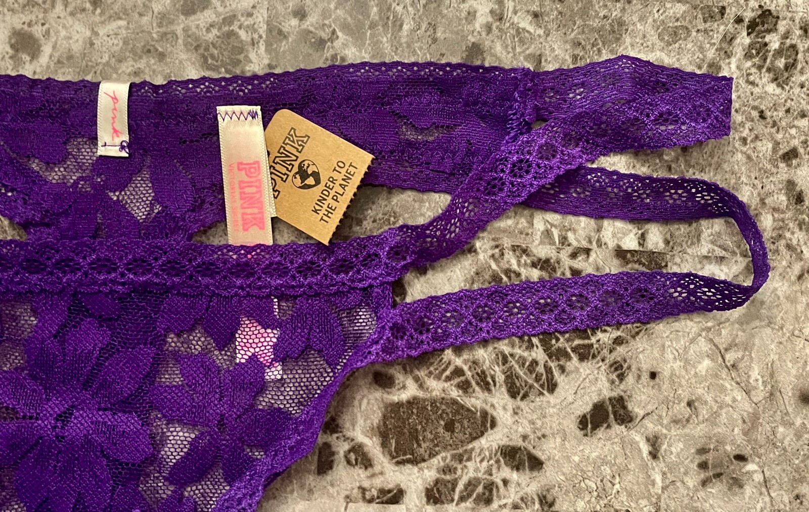 NWT VICTORIA’S SECRET PINK PURPLE FLORAL LACE DOUBLE STRAPPY SIDE THONG PANTIES