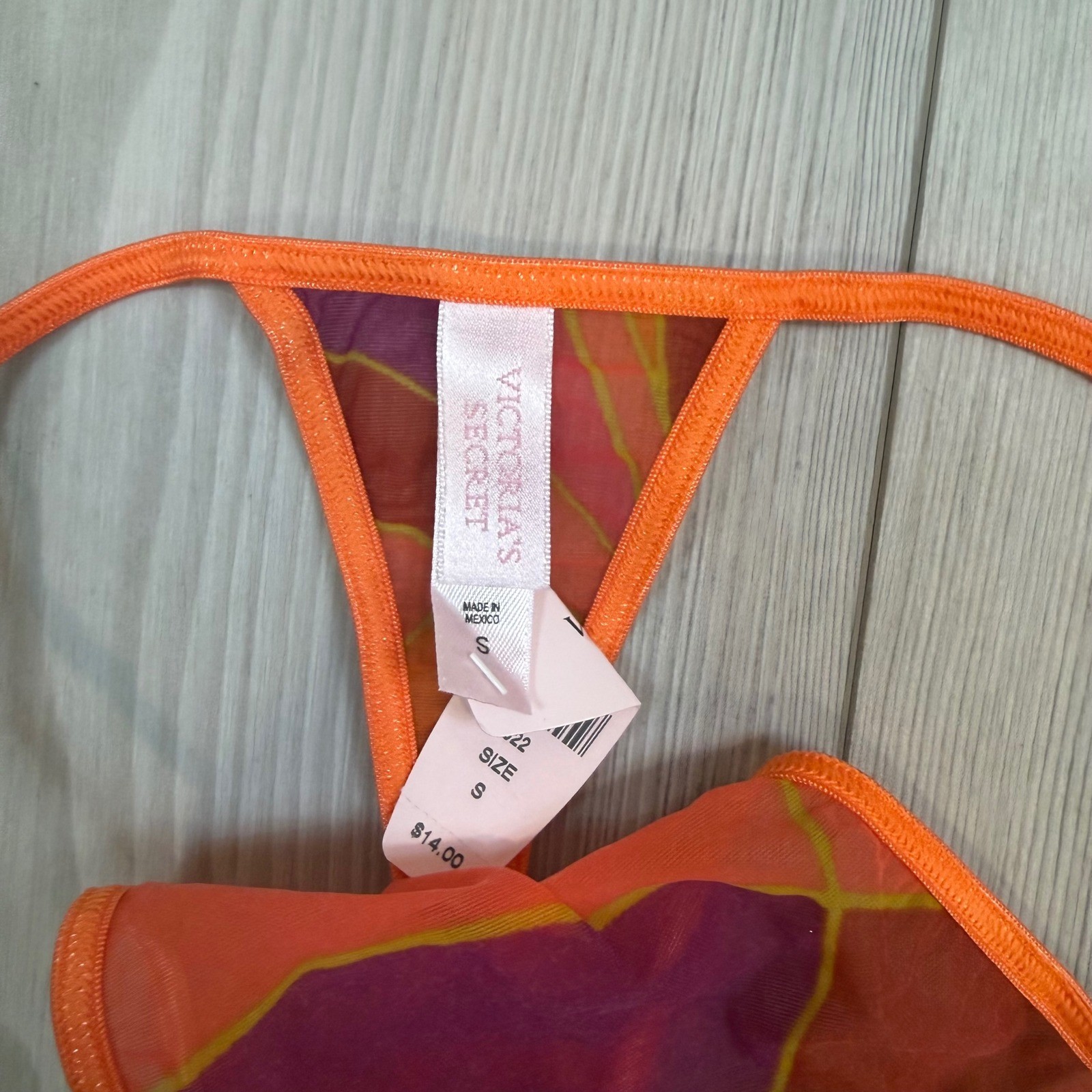 Vintage Victoria’s Secret Orange Purple Mesh V-String Thong Panty Y2K NWT Small