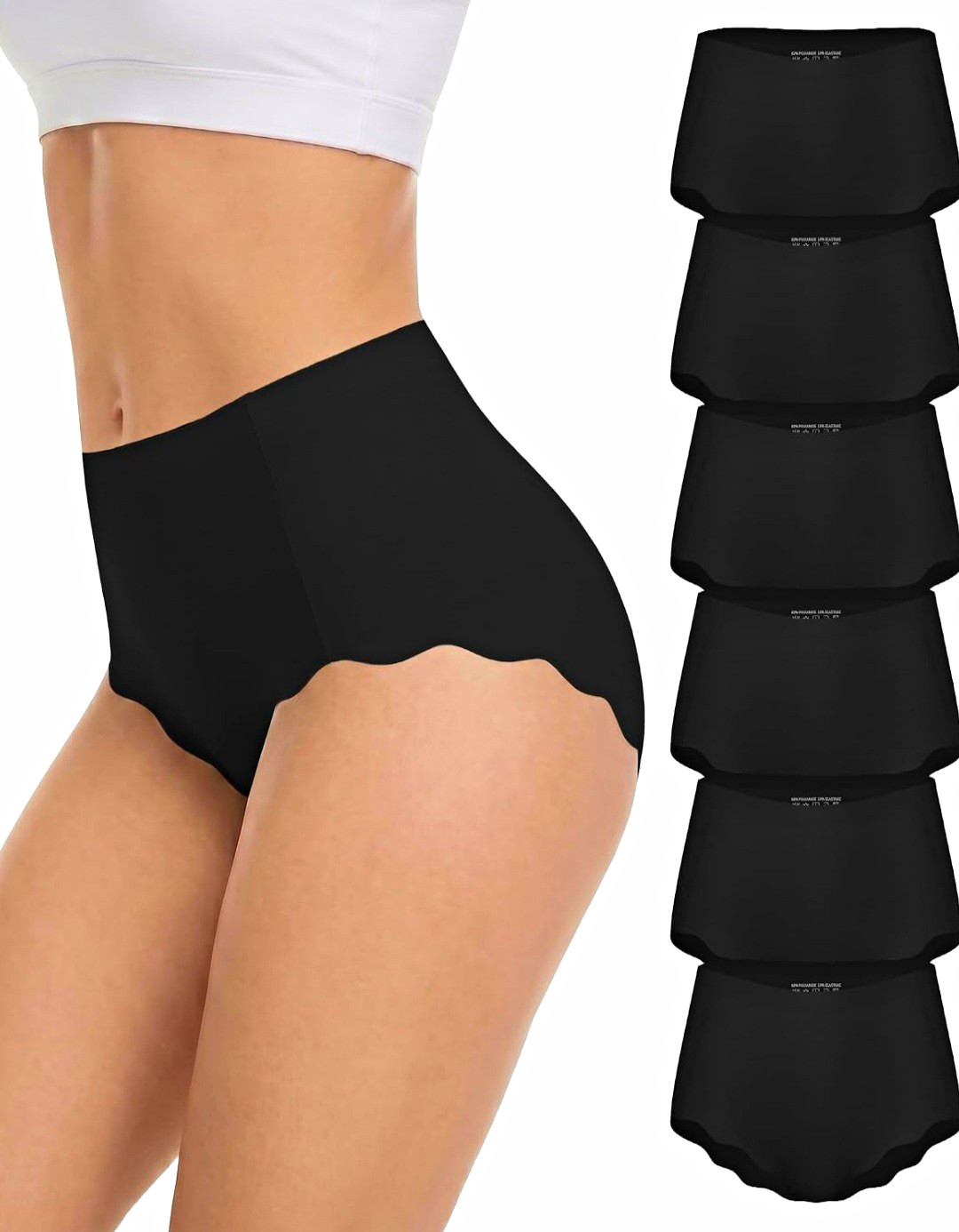 Seamless High-Waisted Panties 6-Pack Black Solid L Tagless Breathable