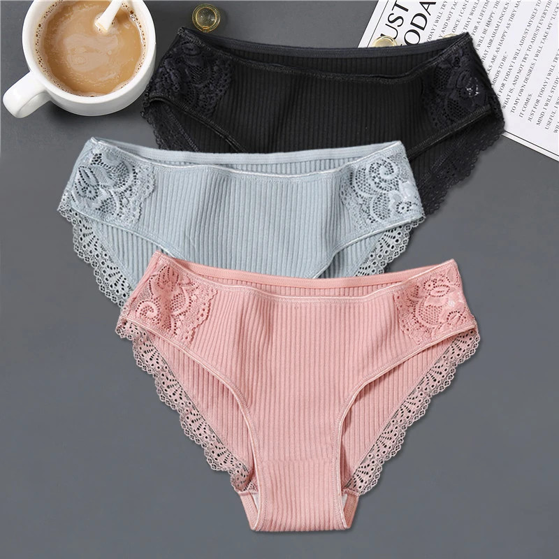 3pc Cotton Panties Low Rise Patchwork Lace Briefs Soft Seamless Underwear Women