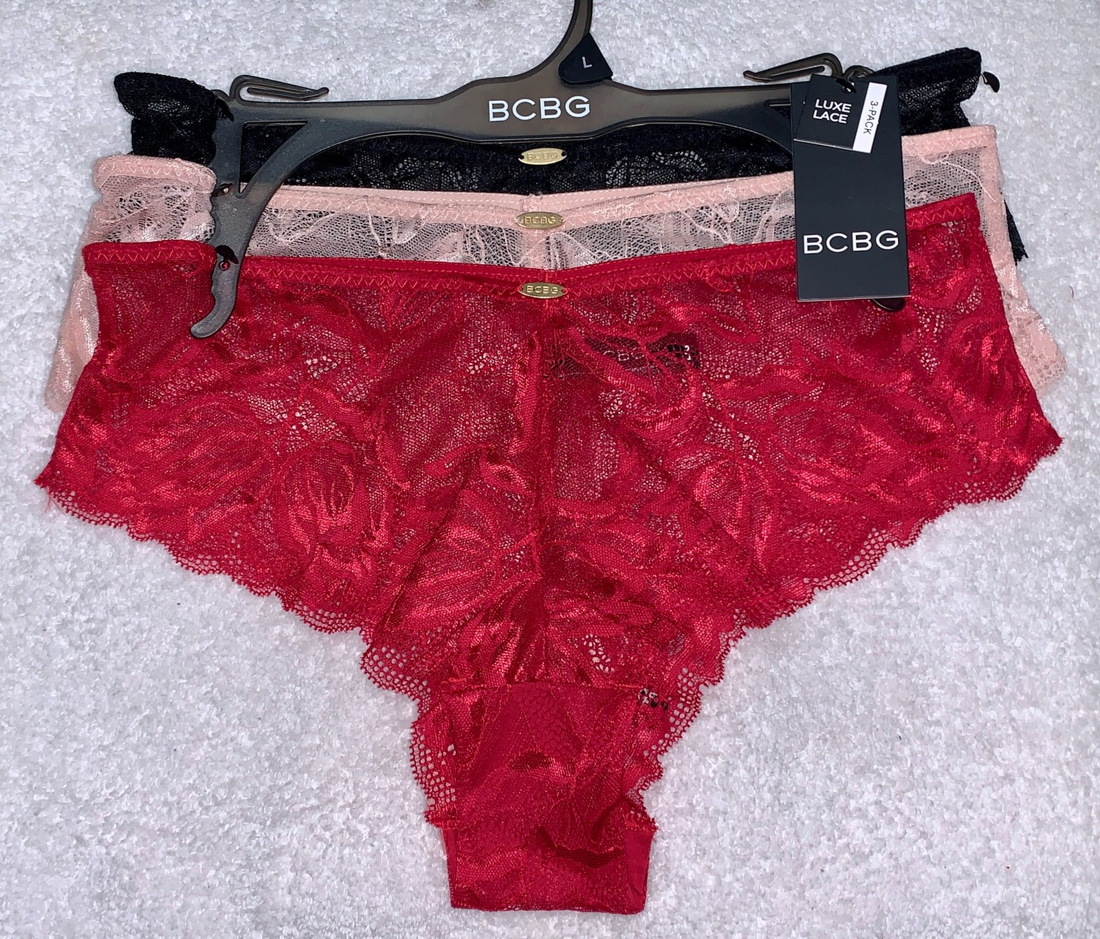BCBG 3 Pack Luxe Lace Black Red Pink Cheeky Hipster Panty Womens Sz L 7