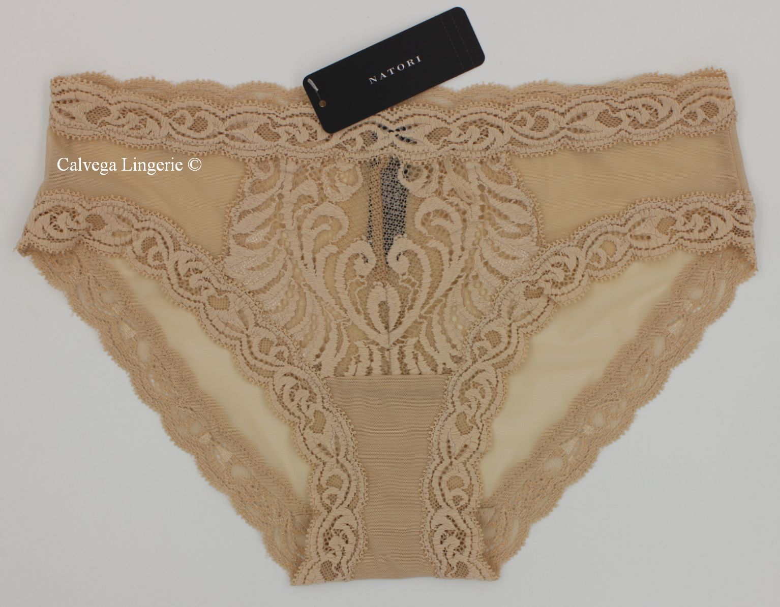 NWT NATORI 753023 “Feathers” Mesh w/Lace Hipster Panty, Beige (“Cosmetic”) / 219