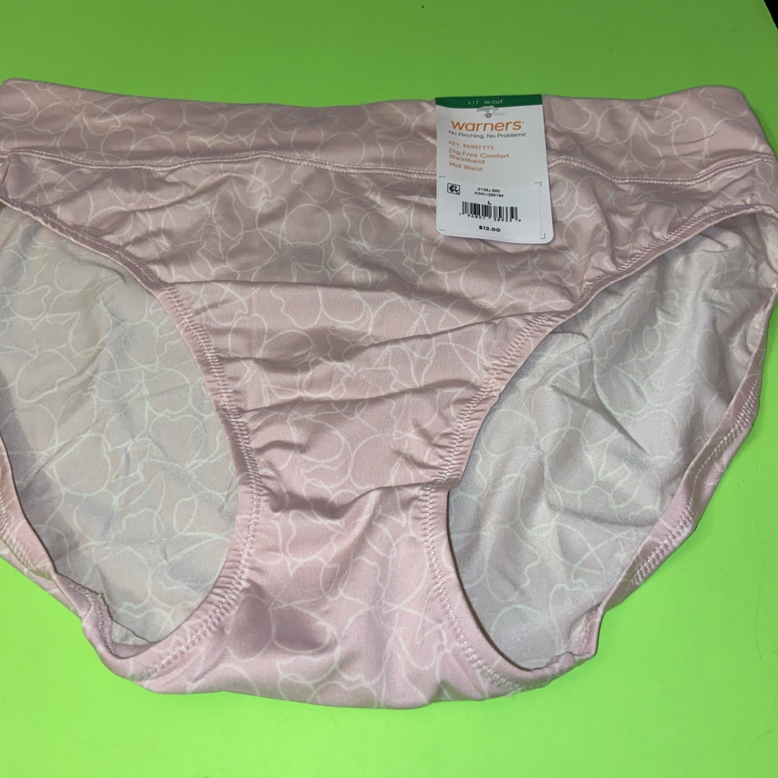 WARNERS PALE PINK ABSTRACT MID WAIST HI-CUT PANTIES / Large / 7