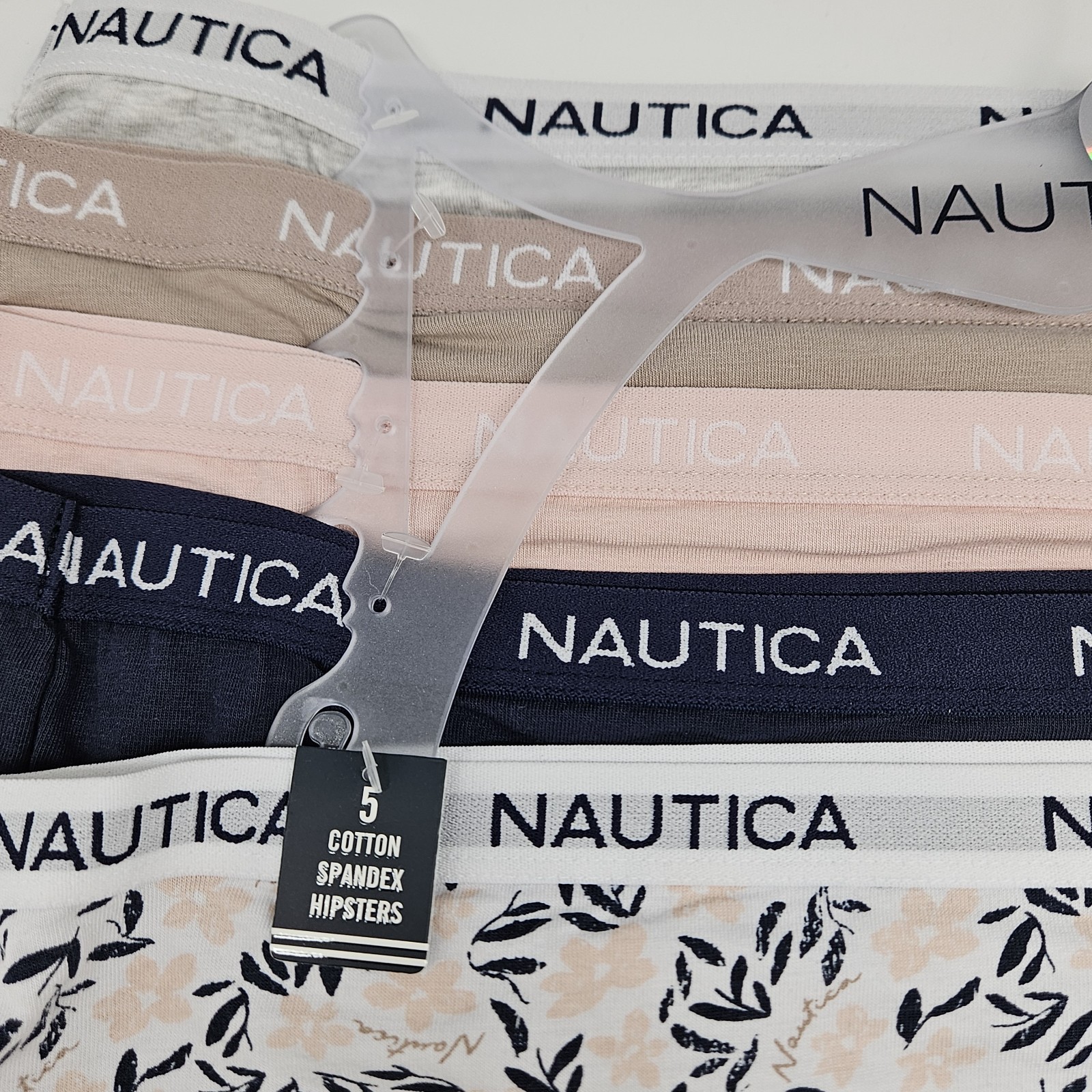 NAUTICA Women L XL 5 Pack Logo Cotton Hipsters Panties Gray Beige Navy White