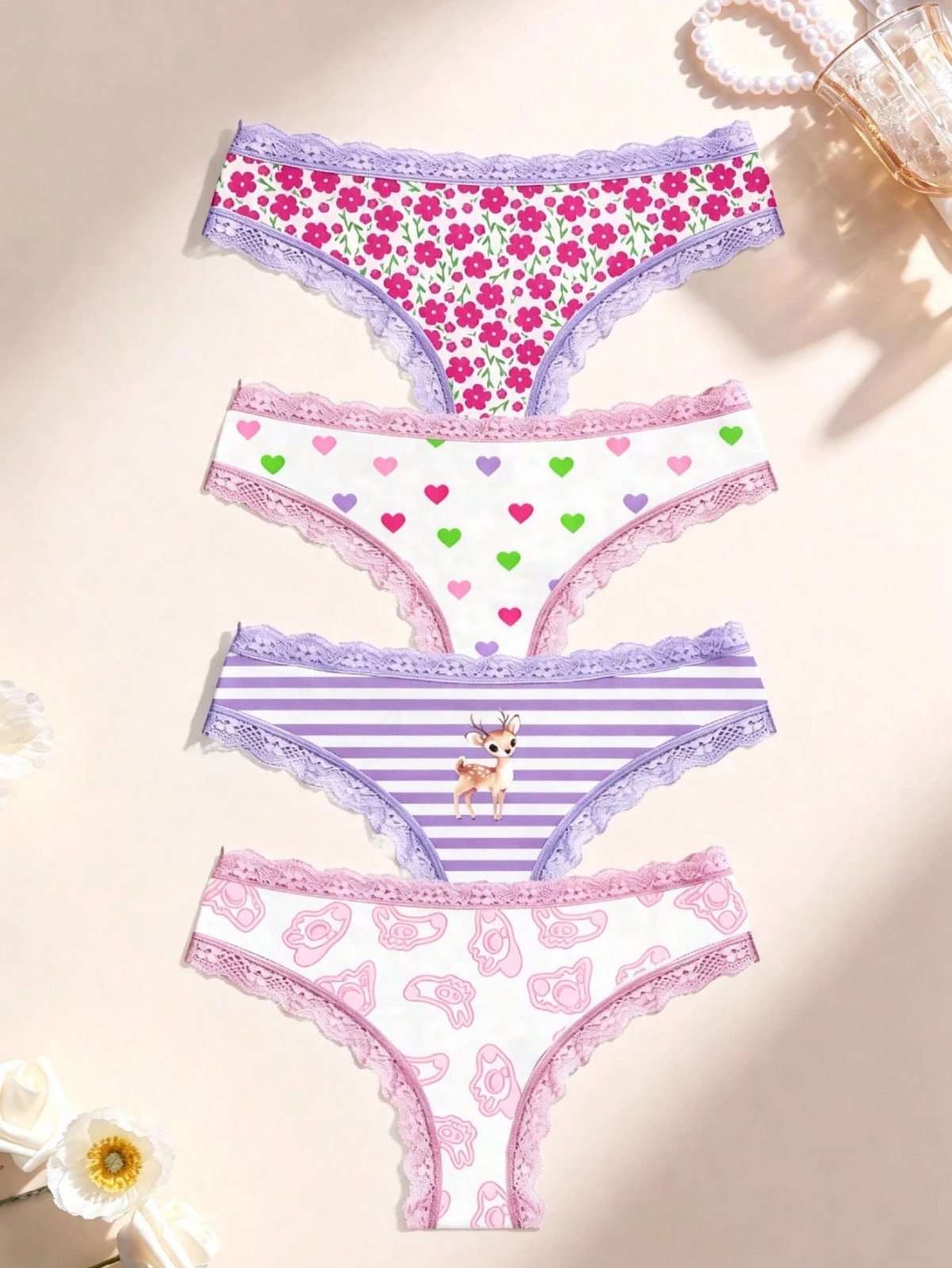 Women’s Polyester Kawaii Nature Pastel Deer Thong Cheeky Panties – Pack of 4