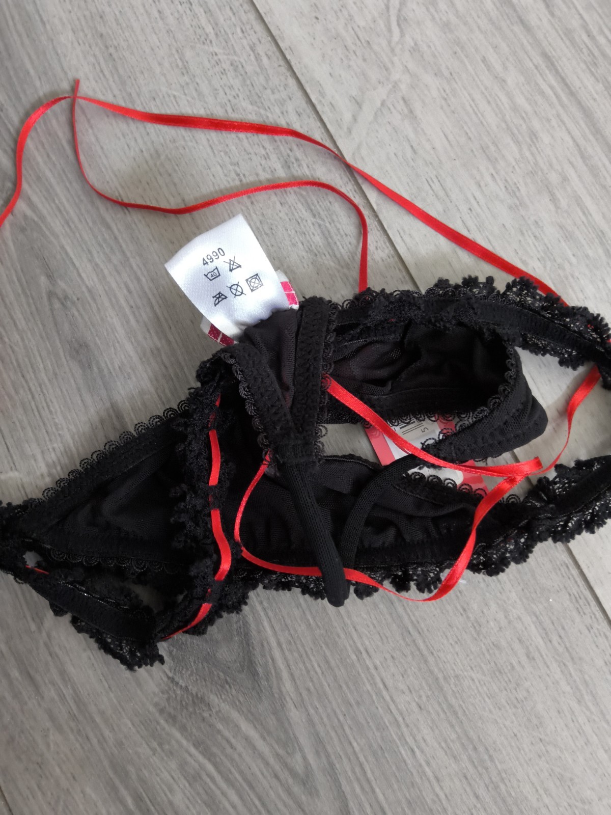 BNWT Vintage Daniel Axel Sheer Black Mesh & Ribbon Slotted Lace Thong Size 8-10