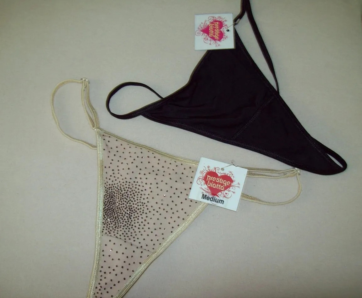 NWT 2 PAIRS BIATTA solid THONG PANTIES NUDE SPARKLE, BLACK STRING size M