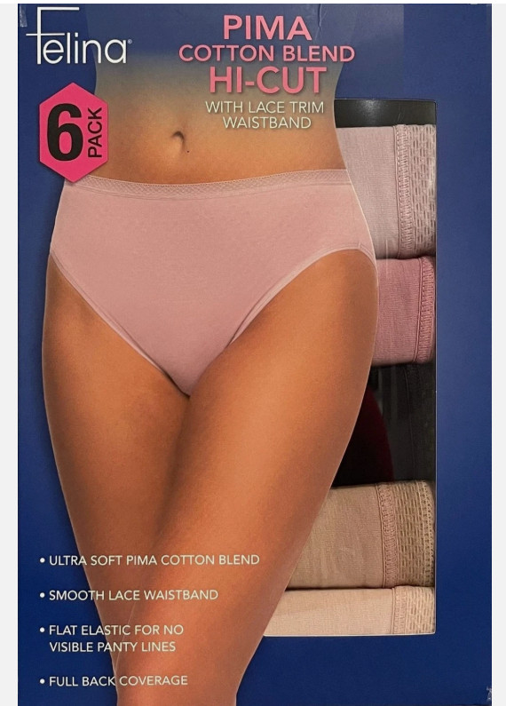 NEW Felina Women’s 6 Pack Pima Cotton Blend Hi-Cut Lace Trim Panties Size XL