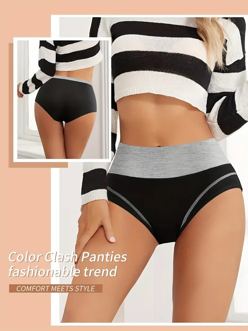 8pcs Colorblock Seamless Briefs, Comfy Breathable Stretchy Intimates Panties