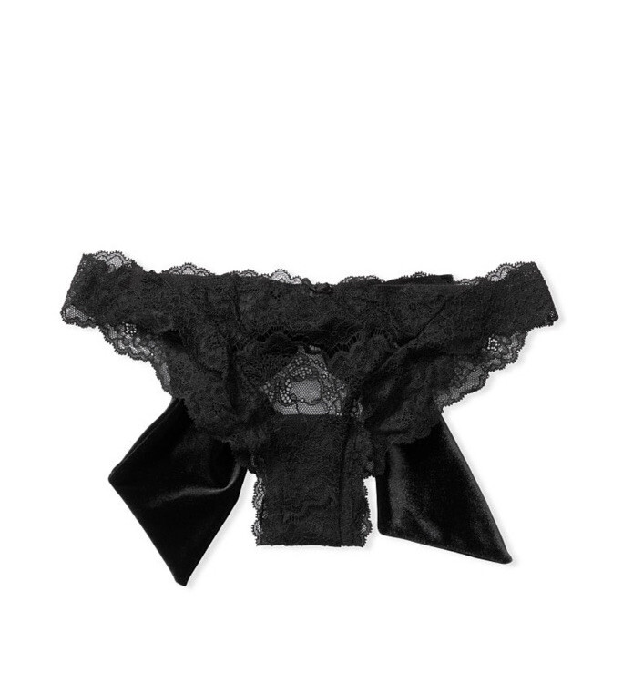 Victorias Secret Dream Angels Lace & Velvet Bow Ouvert Cheekini Panty Black XS S