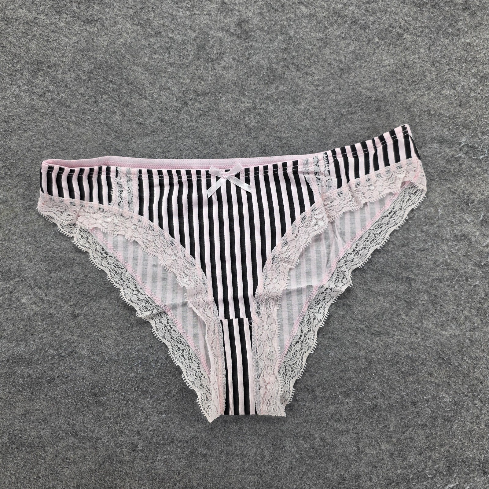 Knotty Knickers Panties Womens L Pink Striped Bikini Lace Bow Modal Spandex