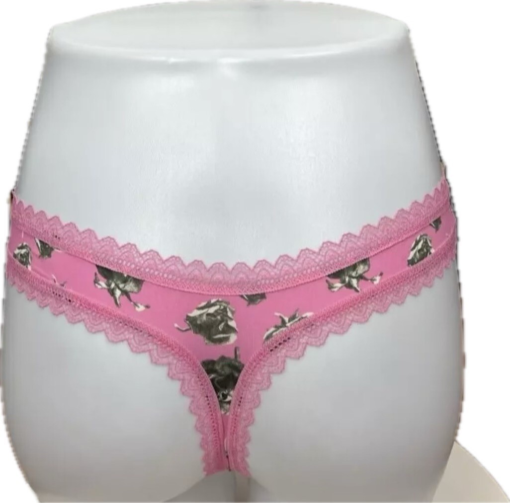 Calvin Klein XL Pink Rose Flower Print Scallop Lace Trim Thong Panties