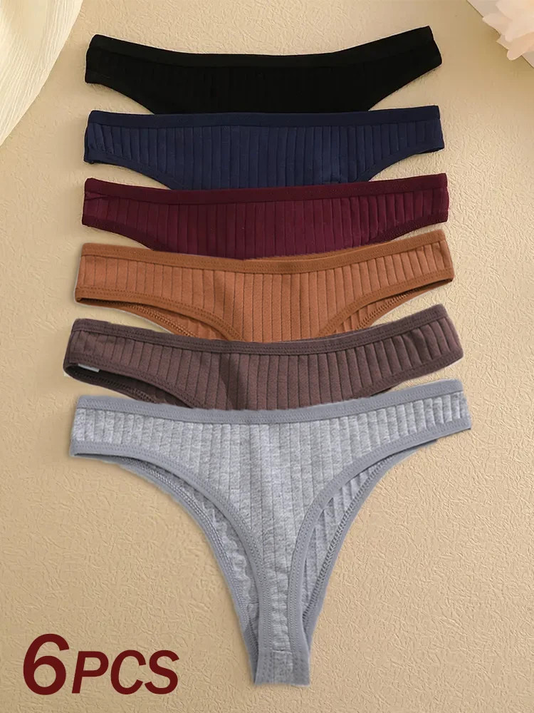 Low Rise Cotton Thong Panties Ribbed Stretch Breathable Soft Comfortable 6PCS