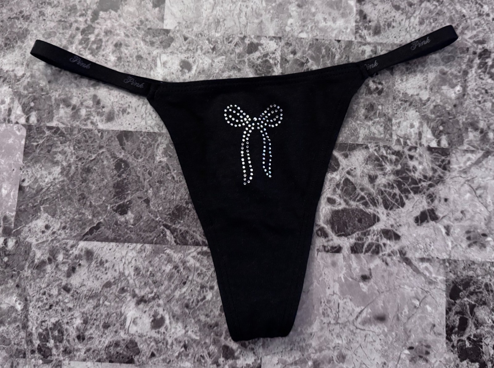 VICTORIA’S SECRET PINK BLACK SILVER BOW LOGO SIDE STRAP HIGH LEG THONG PANTIES