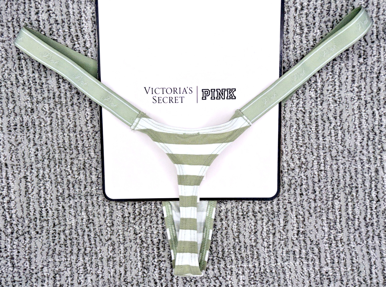 Victoria’s Secret PINK NWT Medium Green Stripe Micro Thong Panty Spellout Sexy