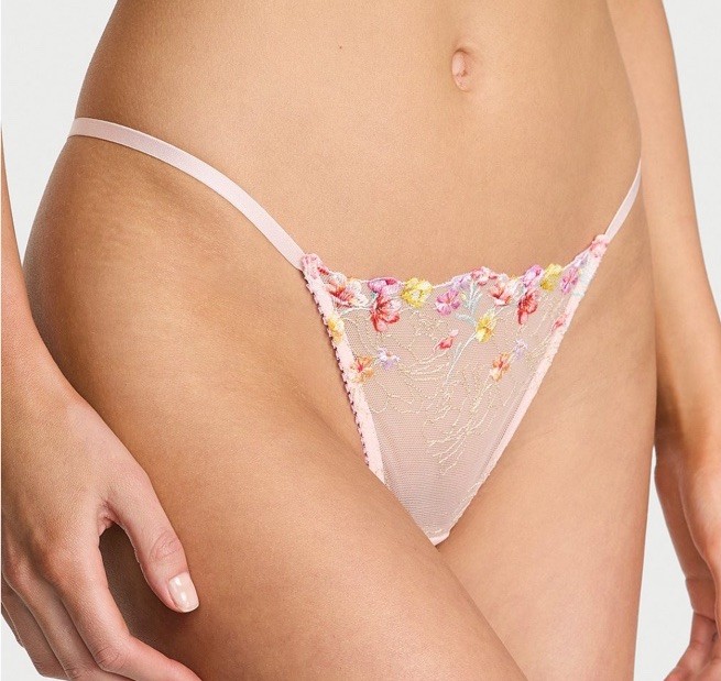 Victoria’s Secret DA Thong Panty Bloom Floral Embroidery Pink Mesh Extra Lg NWT