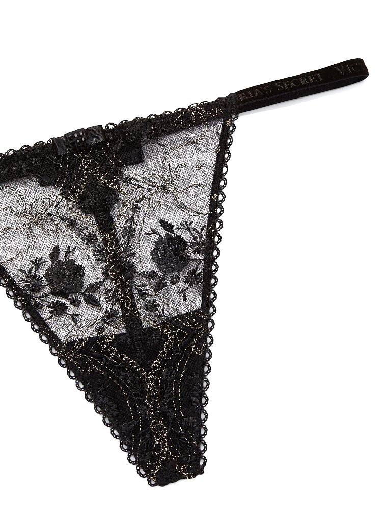 VICTORIA’S SECRET Very Sexy V-String Panty Size M Black Gold Embroidered $34