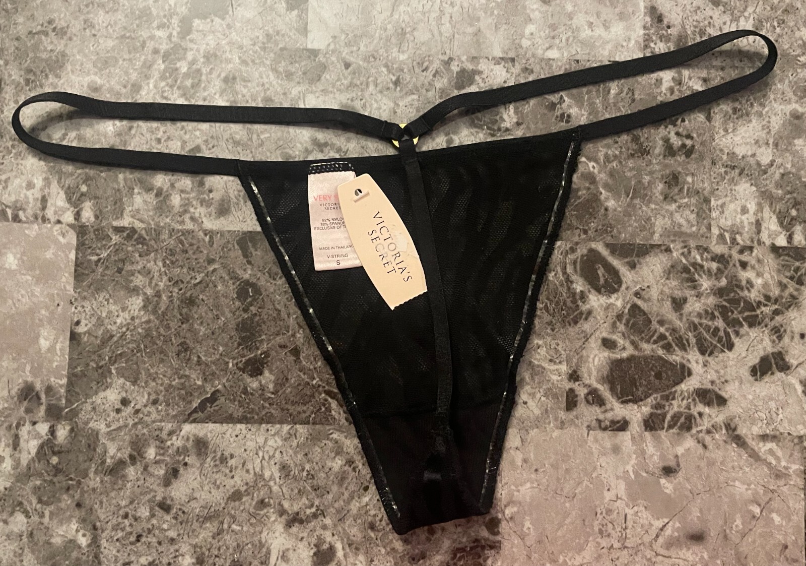 NWT VICTORIA’S SECRET SMALL BLACK ZEBRA MESH VINTAGE RARE V STRING PANTIES