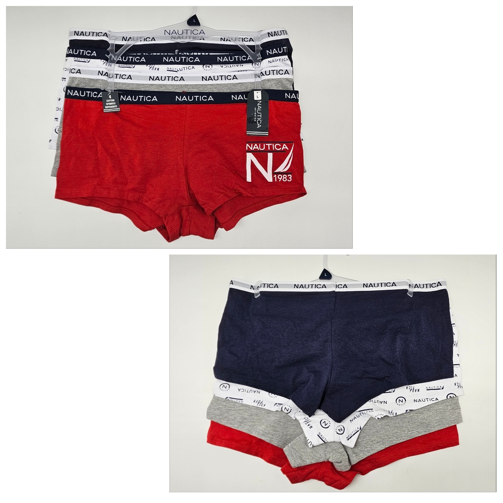 NAUTICA 4 Pack Women’s S L Cotton Logo Boy Shorts Navy Blue White Gray Red