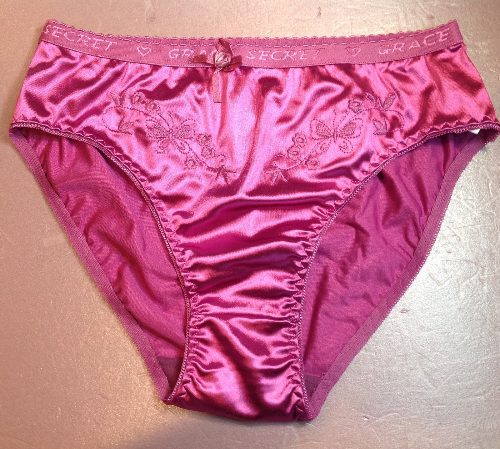 Women Panties Bikinis GRACE Size S. Violet Nylon Satin W/Decoration Elastic