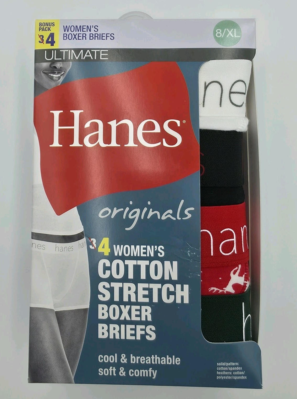 Hanes Originals Boxer Brief Panties Womens 8/XL Multicolor Cotton Stretch 4 Pack