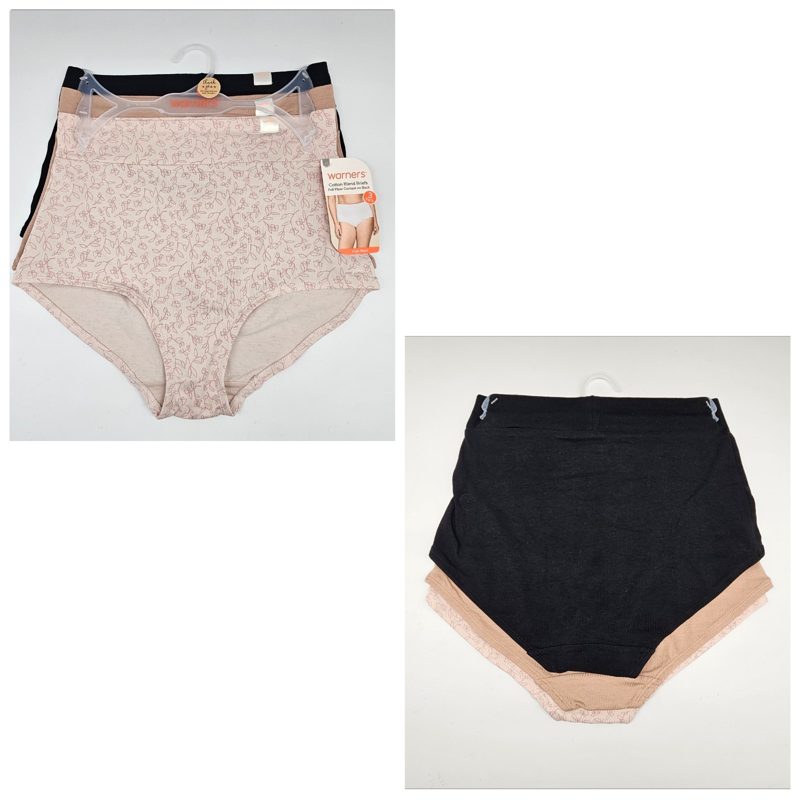 3 Pack WARNERS Women’s S M XL Wide Waistband Cotton Briefs Black Beige Pink
