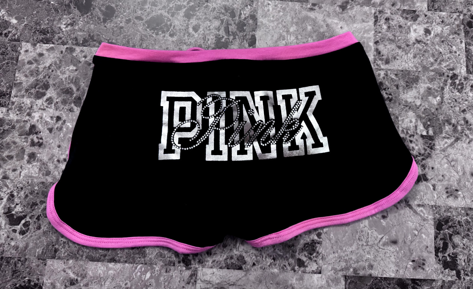 NWT VICTORIA’S SECRET PINK SILVER BLING LOGO CURVED HEM DORM BOYSHORT PANTIES