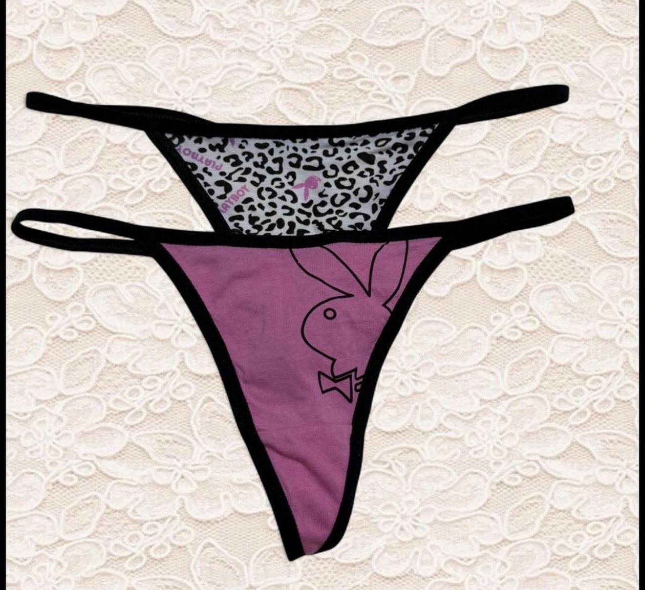 Pink And Black Playboy Thong With Cheetah Black And White 2 Pack