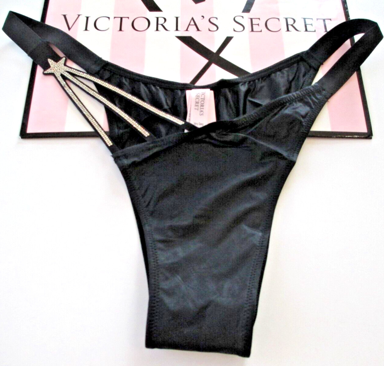 VICTORIA’S SECRET VERY SEXY Brazilian Panty M Black NWT Shine Star Hardware VS