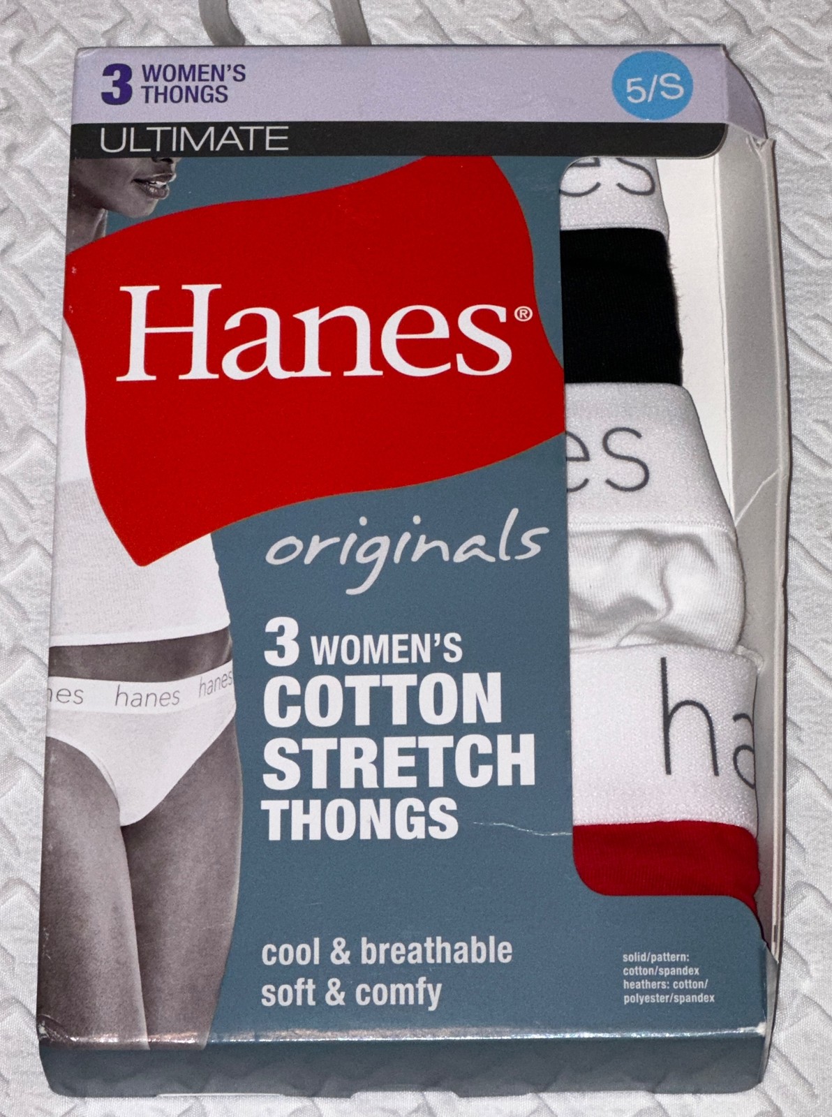 HANES 3 Pk Ultimate Stretch Cotton Red White Thong Panty Womens S M L XL 8 2XL 9