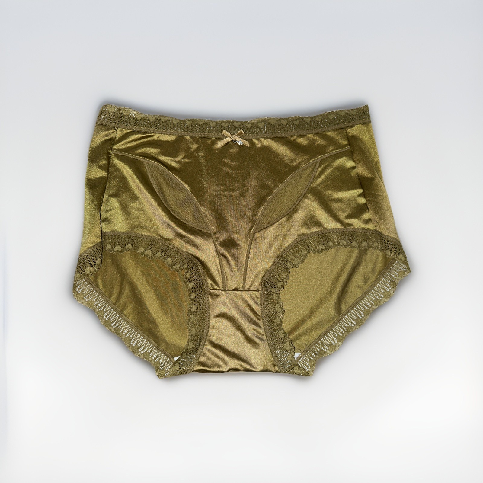 ~Shiny Large Olive with Gem Nylon Lace Blended Panties W/Bow and Gem New Size L