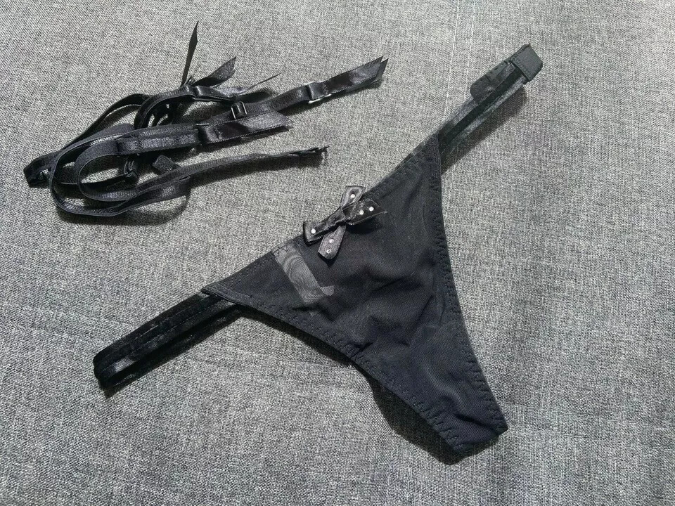 Ladies black mesh transparent thongs with garter belt lingerie panties knickers