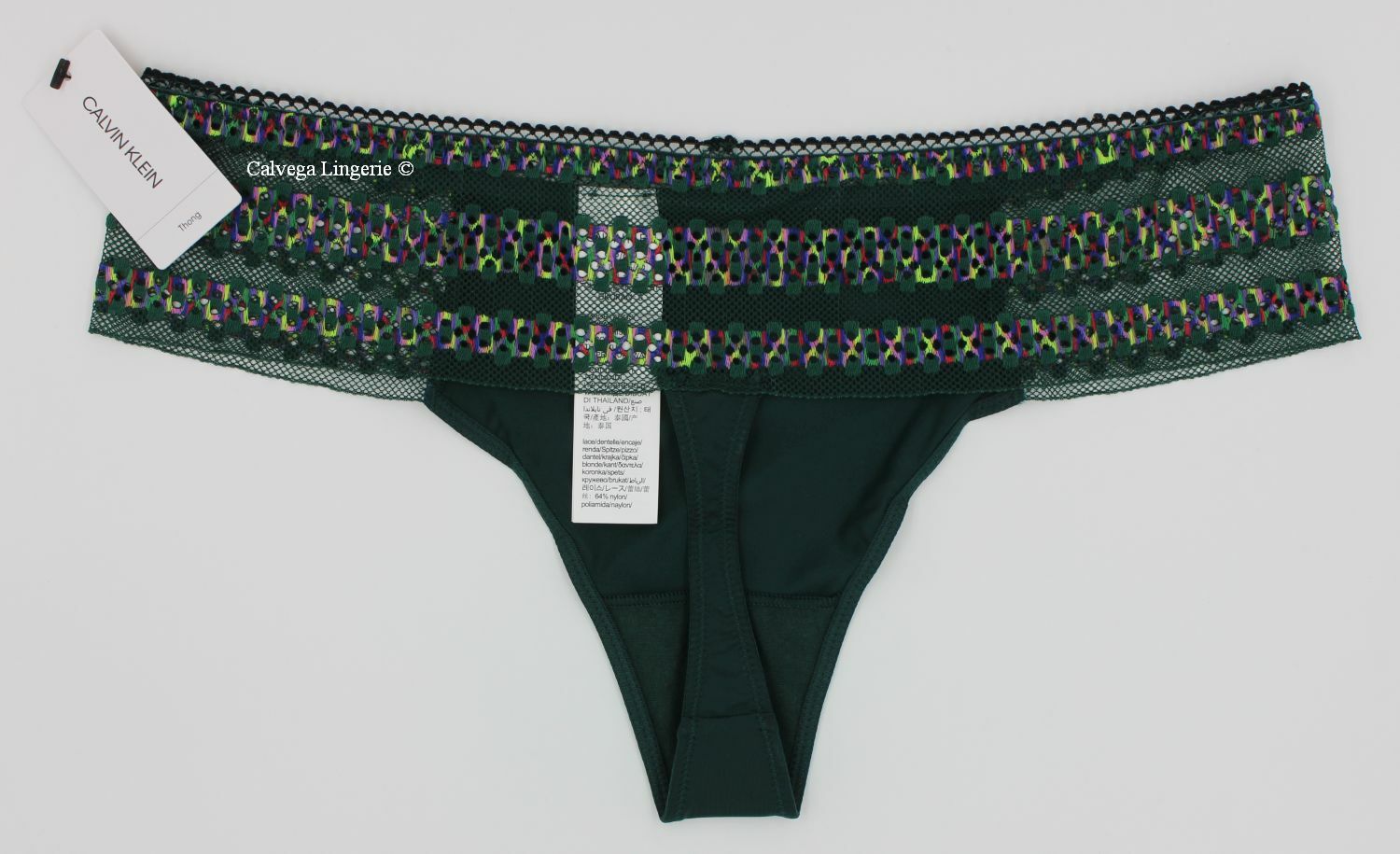 NWT Calvin Klein QF5874 “Striped Lace” Nylon w/ Lace Thong, Dark Green (989)