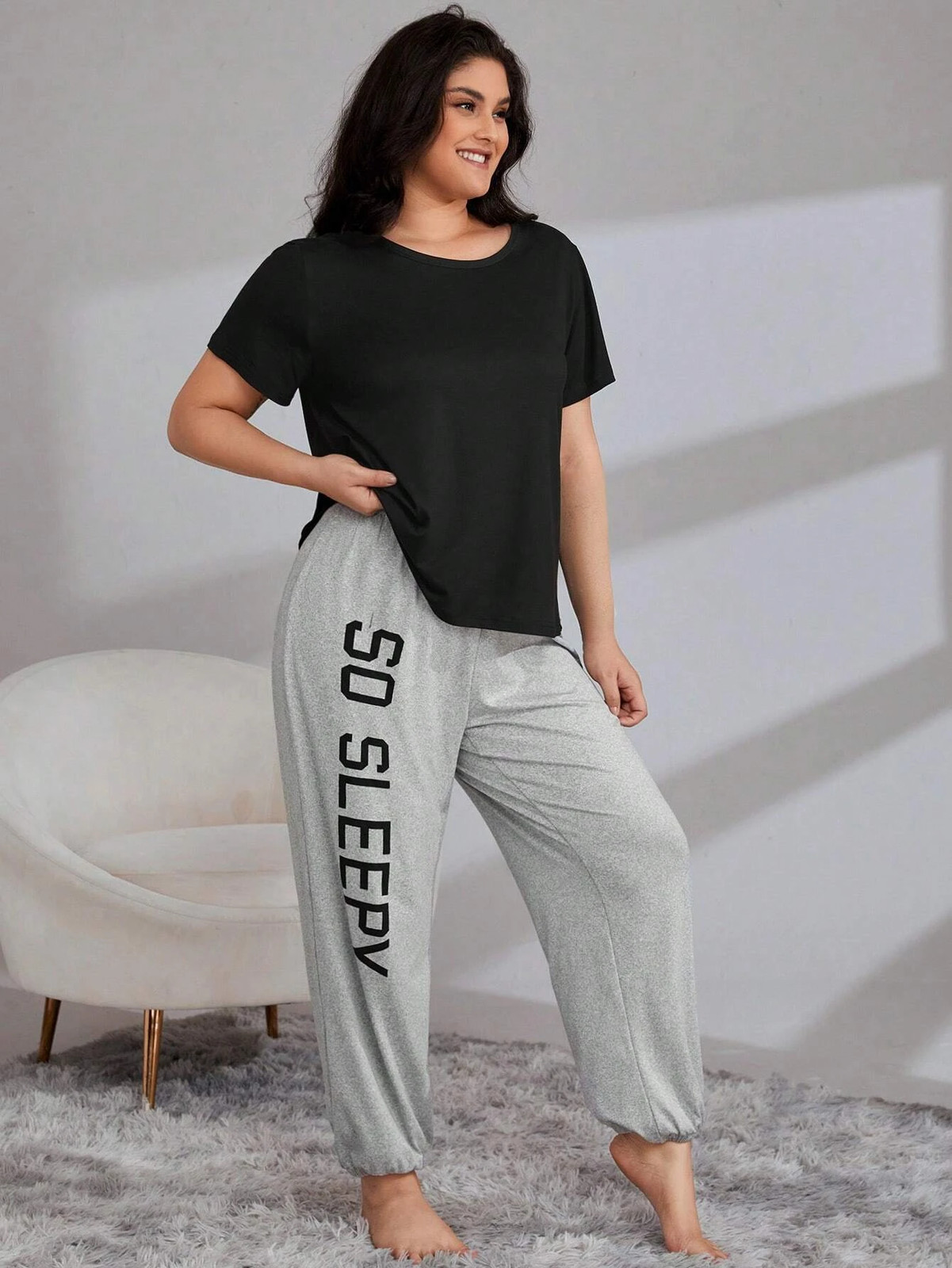 Comfy Plus Size T Shirt And Letters Graphic Pants Pyjama Set Cheap24