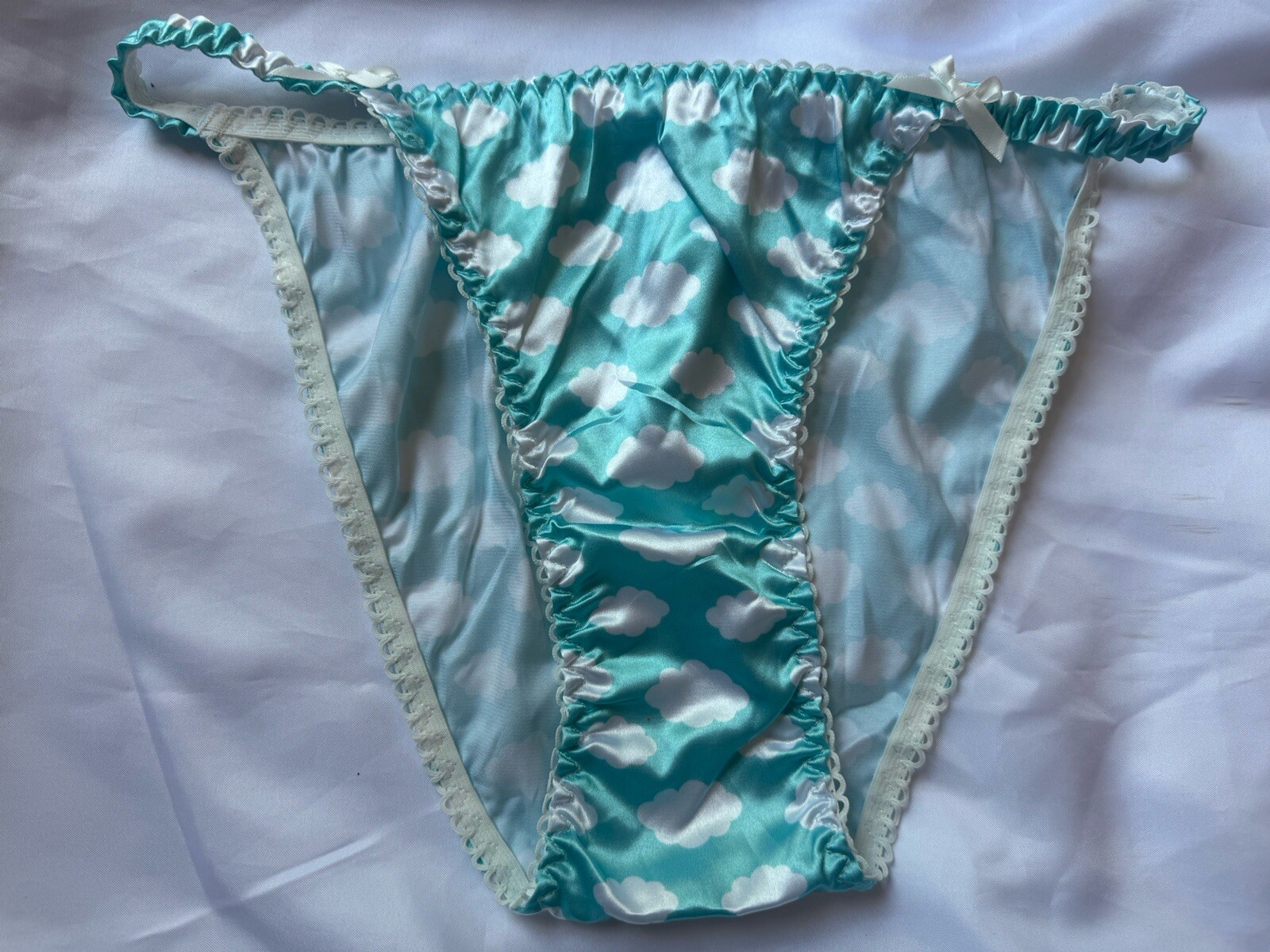 NWOT Sz L Handmade Shiny Blue Cloud Silky Satin String Bikini Panties