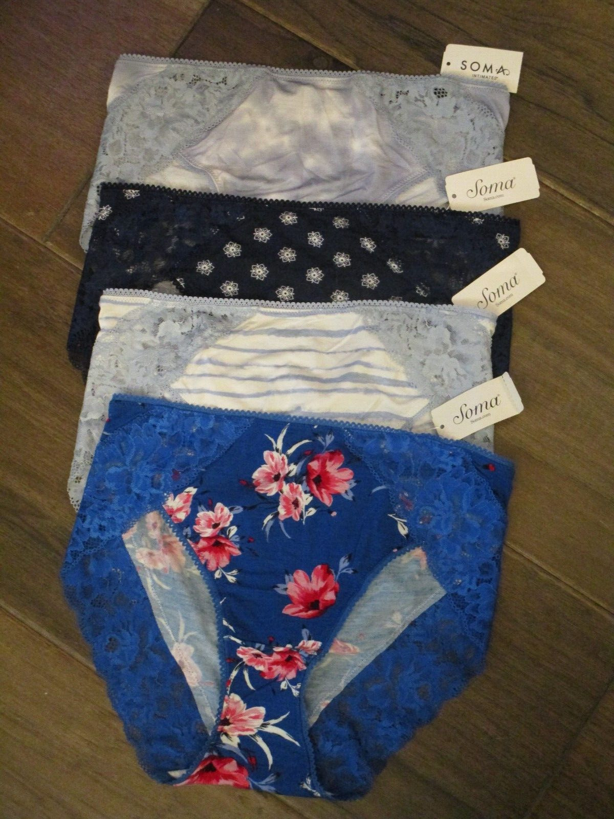 4-PACK SOMA EMBRACEABLE LACE HIGH LEG PANTIES LIGHT/ DARK BLUE PRINTS SIZE SMALL