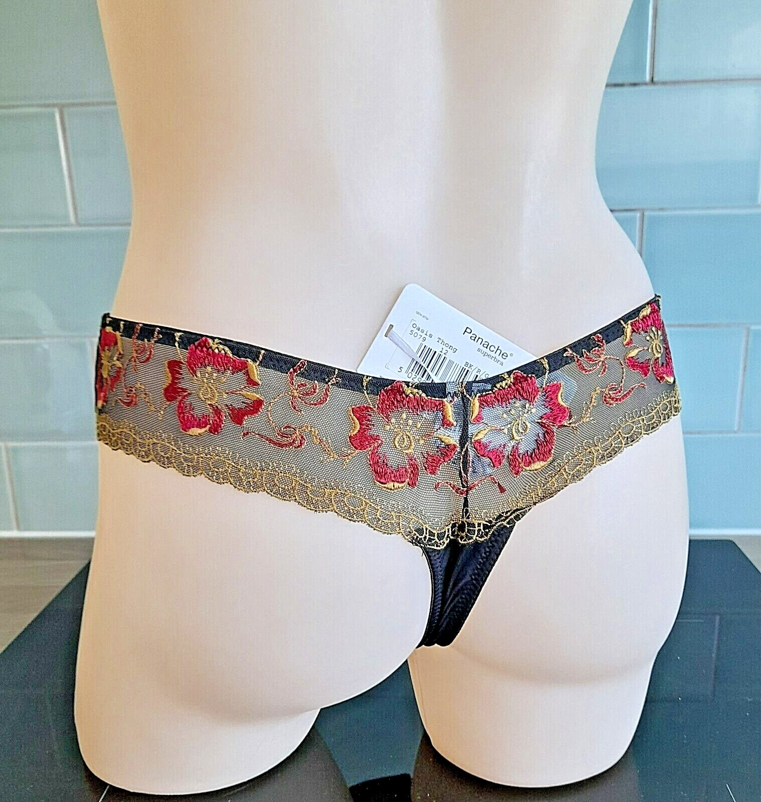 Panache Black Porcelain Oasis Thongs With Red/Gold Embroidery