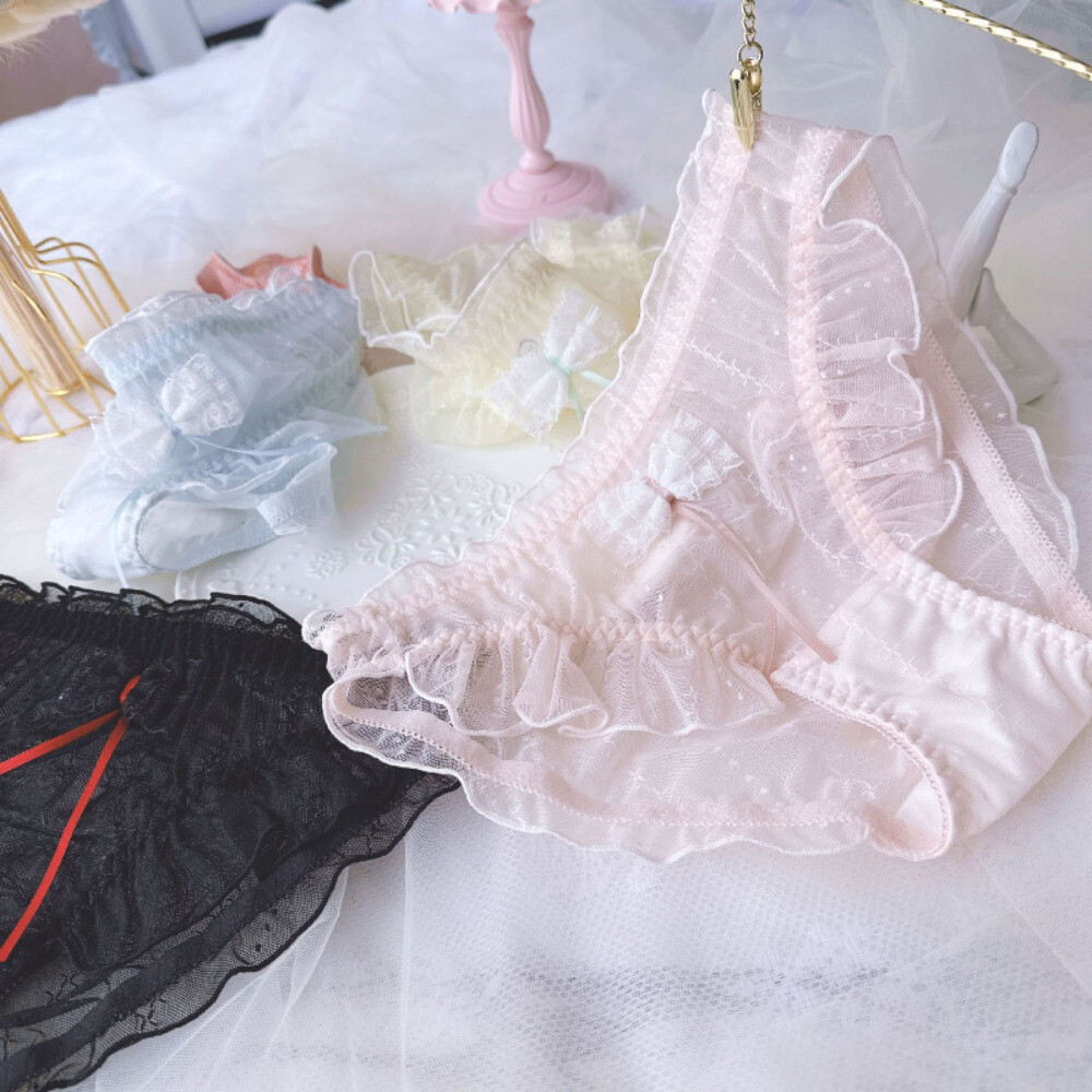 Lady Sheer Lolita Underwear Lace Briefs Knickers Retro Bow Ruffle Mesh Underwear