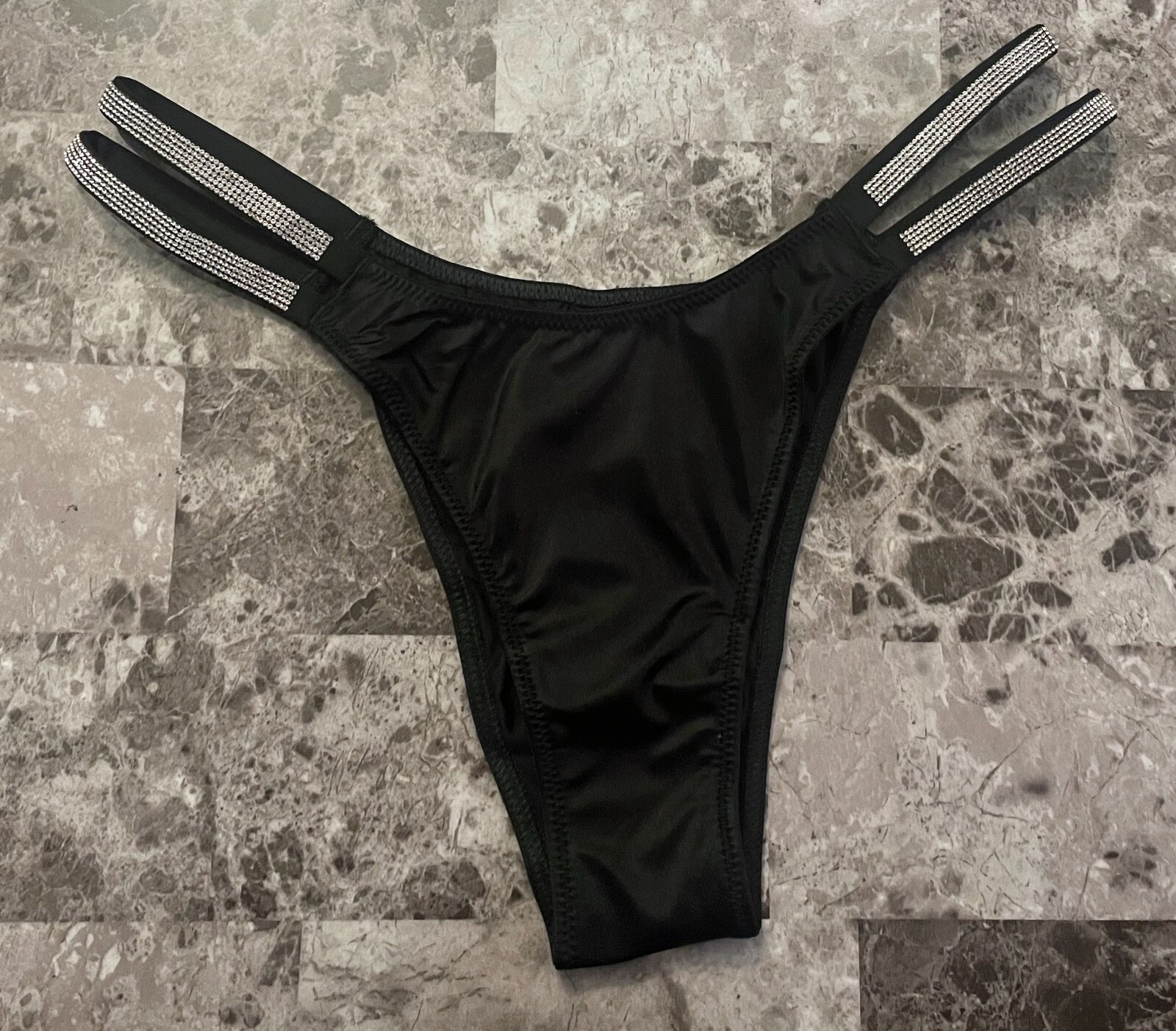 VICTORIA’S SECRET BLACK SMOOTH RHINESTONE DOUBLE SHINE STRAP BRAZILIAN PANTIES