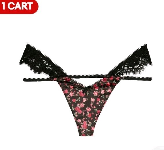 FOR LOVE & LEMONS Medium Victoria’s Secret Melrose Black Thong Panty Red Rose!