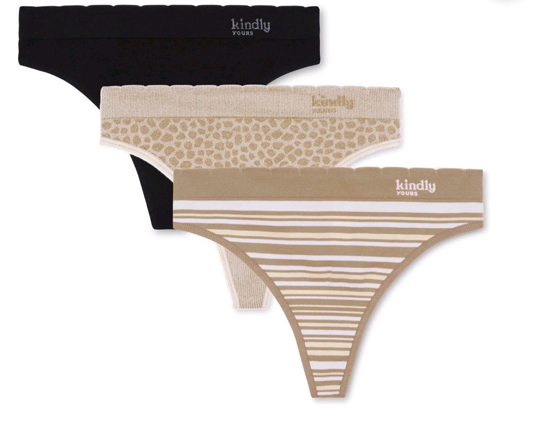 Kindly Yours XXXL (22) 3-pk Seamless Thong Panties Nude Beige & Black NWT