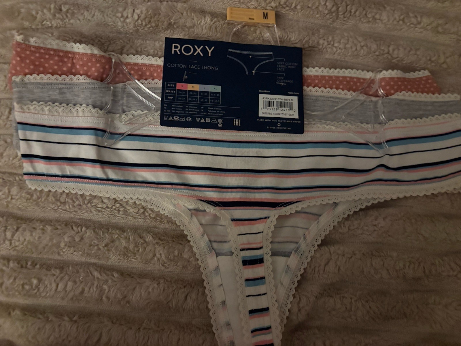 Roxy Cotton Lace Thong 3pk Hip Logos. Medium