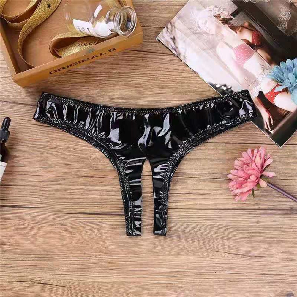 Women Panties Crotchless Briefs Wetlook Leather Thongs Low Rise Bikini Underwear