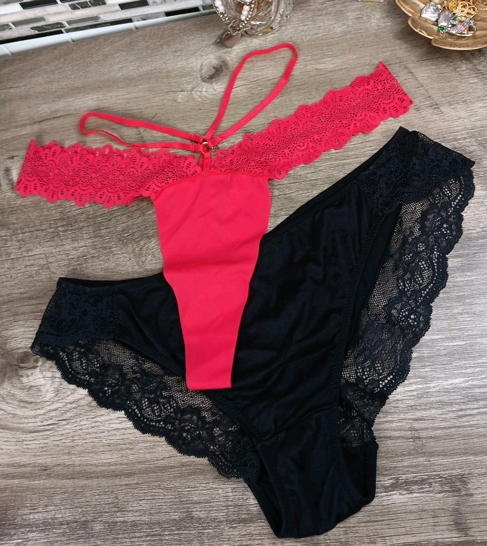 Maidenform Luxurious Lace Black High Cut Brief Panty XL/8 Red Thong 2pc Set