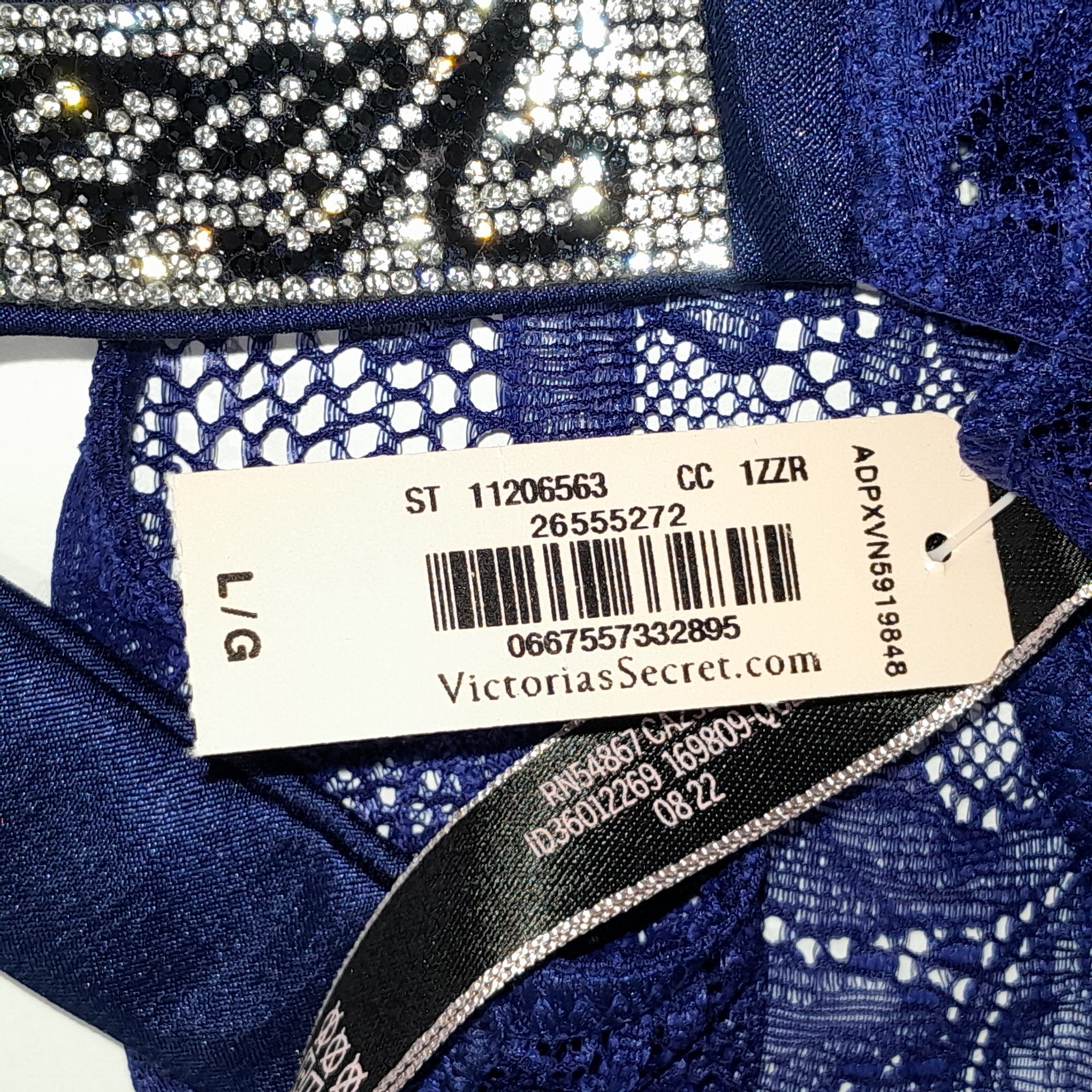 Victorias Secret Panties Womens L Blue Brazilian Bombshell Rhinestone Band NWT