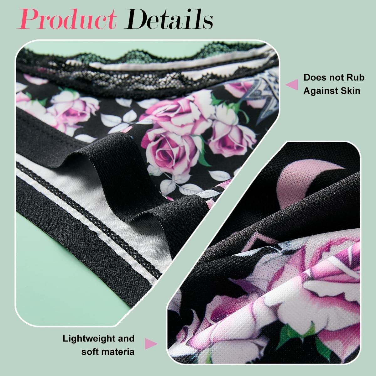 ELFFREYA Gothic Floral Print Thong Panties Set, 6 Pack, Skull Rose Pattern,