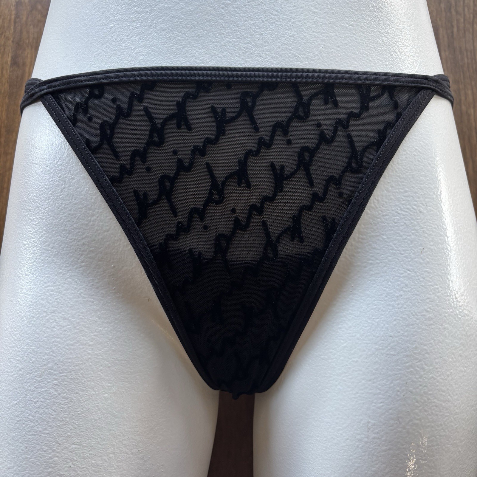 Victoria’s Secret PINK Double Strap Flocked & Mesh Thong Medium Black 07/23 NWT